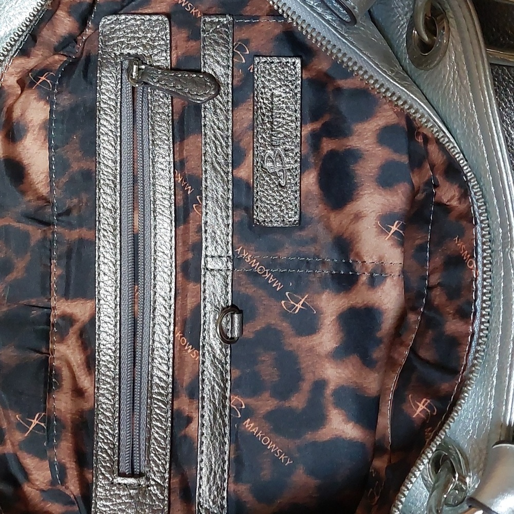 B. Makowsky Pewter Pebbled Finish Leather Shoulder Bag With Silver Hardware - Picture 7 of 14